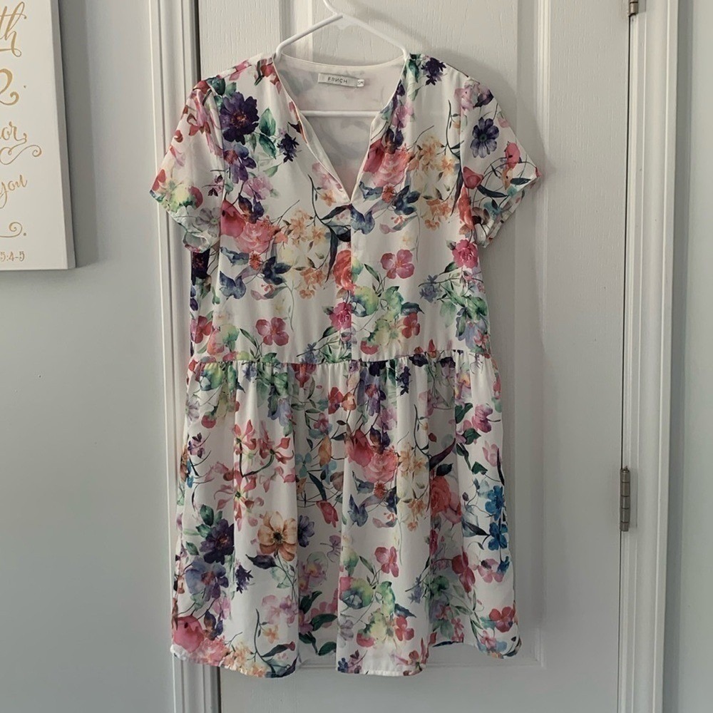 FRENCH Floral Watercolor Babydoll Mini Dress White Pink Blue Short Sleeve S/M